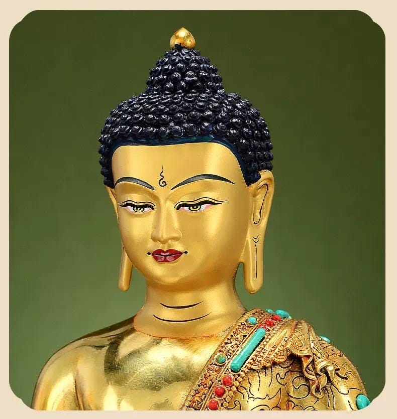Full Gold-Plated Shakyamuni Buddha Statue with Tibetan Bead Inlays | Handmade Copper Buddhist Statue