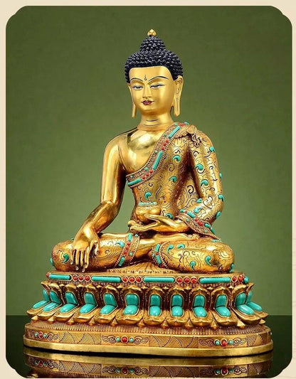 Full Gold-Plated Shakyamuni Buddha Statue with Tibetan Bead Inlays | Handmade Copper Buddhist Statue