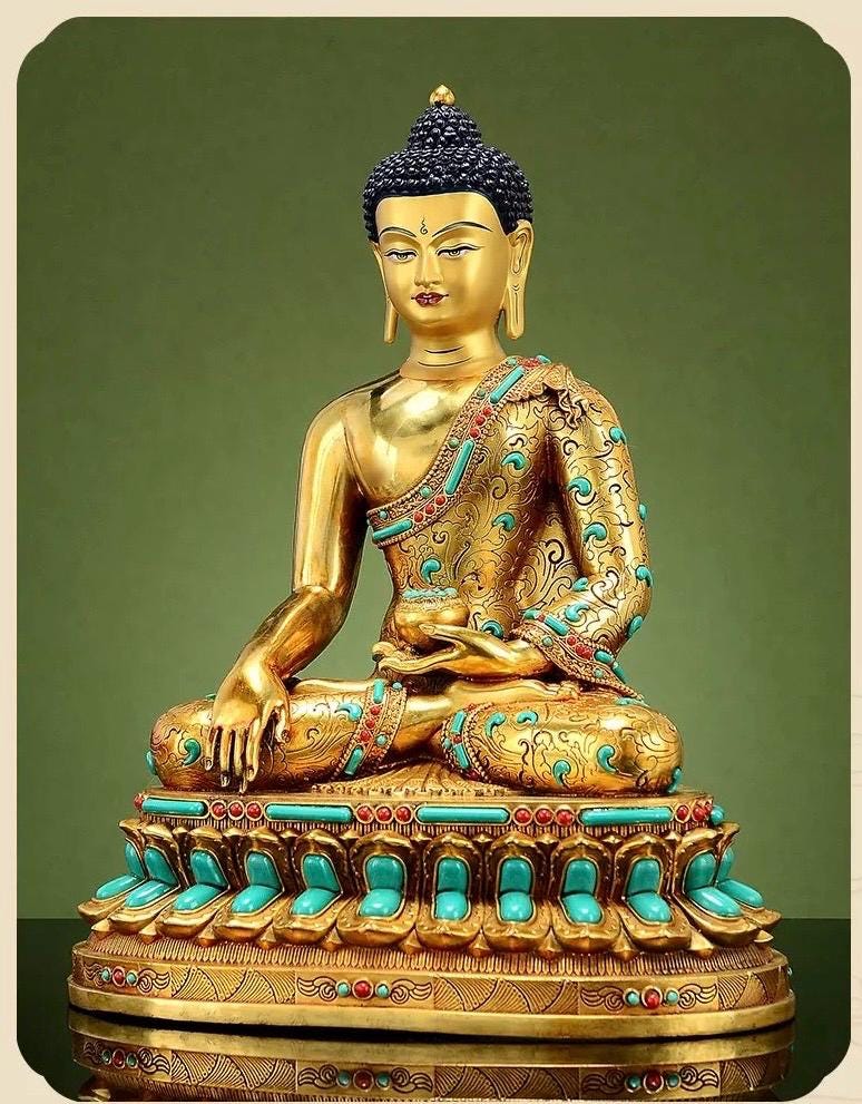 Full Gold-Plated Shakyamuni Buddha Statue with Tibetan Bead Inlays | Handmade Copper Buddhist Statue