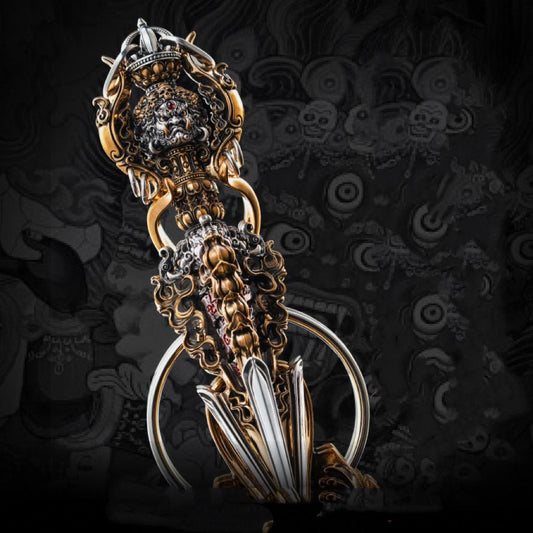 Large Tibetan Style Vajra Pestle (Kila) Statue - Rotating Mandala Base, Handheld Meditation & Stress Relief Gadget, Tibetan Buddhist Altar