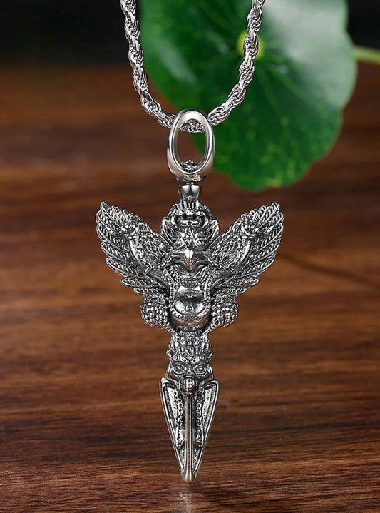 925 Sterling Silver Garuda Vajra Pendant • Tibetan Protective Amulet Necklace • Vintage Punk Style Jewelry • Silver Dorje