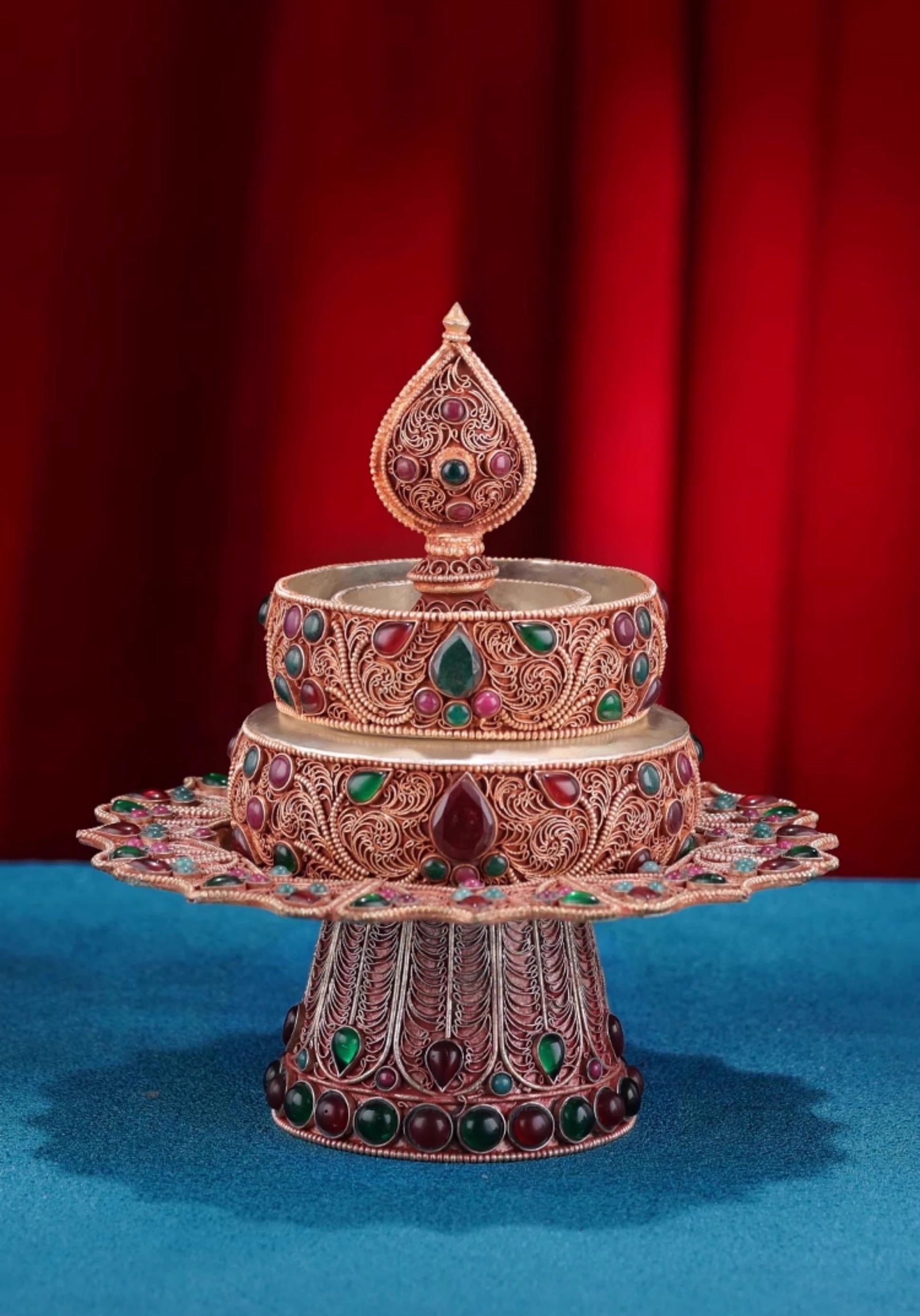 Nepali Handmade Silver Plated Filigree Mandala Plate, 10cm Inlaid Gemstones Buddhist Altar Offering, Tibetan Ritual Item