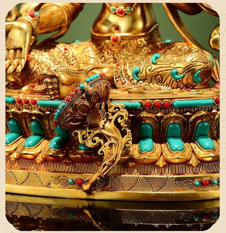 Full Gilded Green Tara Statue | Copper Buddhist Deity with Gem Inlay