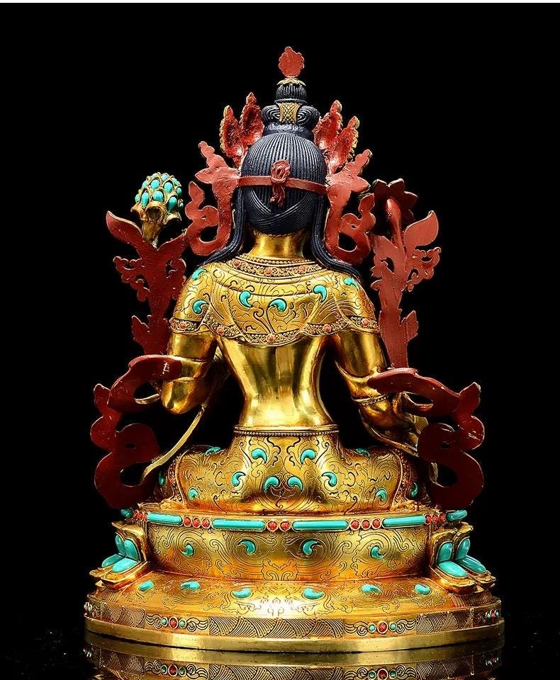 Full Gilded Green Tara Statue | Copper Buddhist Deity with Gem Inlay