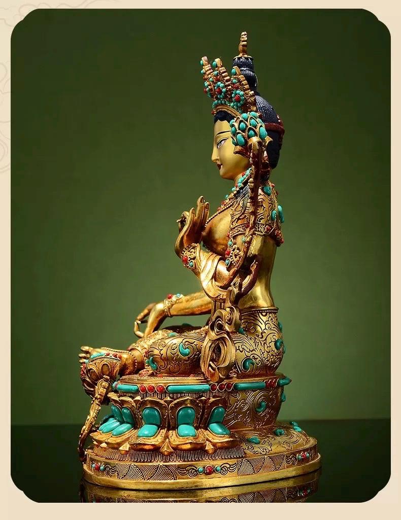 Full Gilded Green Tara Statue | Copper Buddhist Deity with Gem Inlay