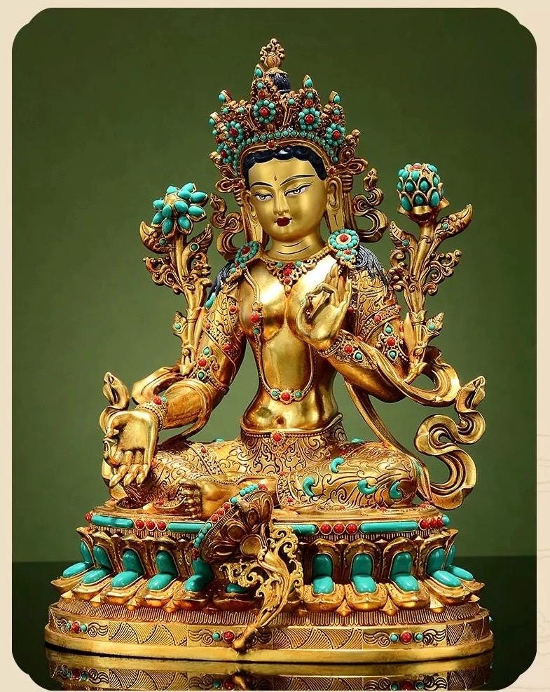 Full Gilded Green Tara Statue | Copper Buddhist Deity with Gem Inlay