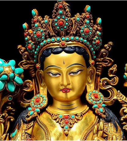 Full Gilded Green Tara Statue | Copper Buddhist Deity with Gem Inlay