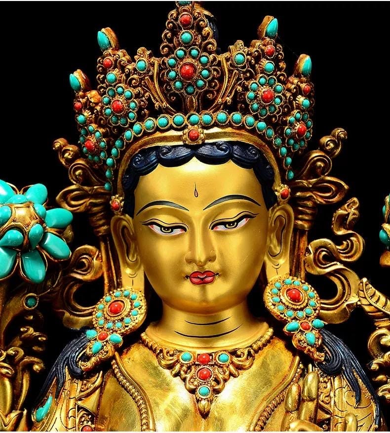 Full Gilded Green Tara Statue | Copper Buddhist Deity with Gem Inlay