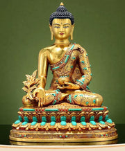 Full Gilded Medicine Buddha Statue | Copper Bhaisajyaguru with Gem Inlay
