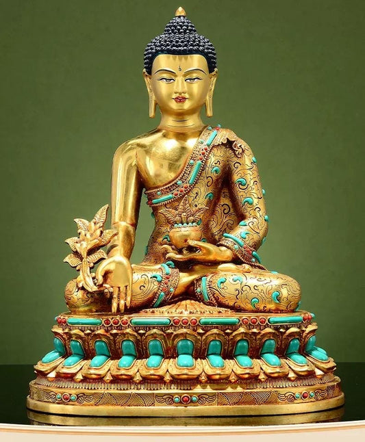 Full Gilded Medicine Buddha Statue | Copper Bhaisajyaguru with Gem Inlay