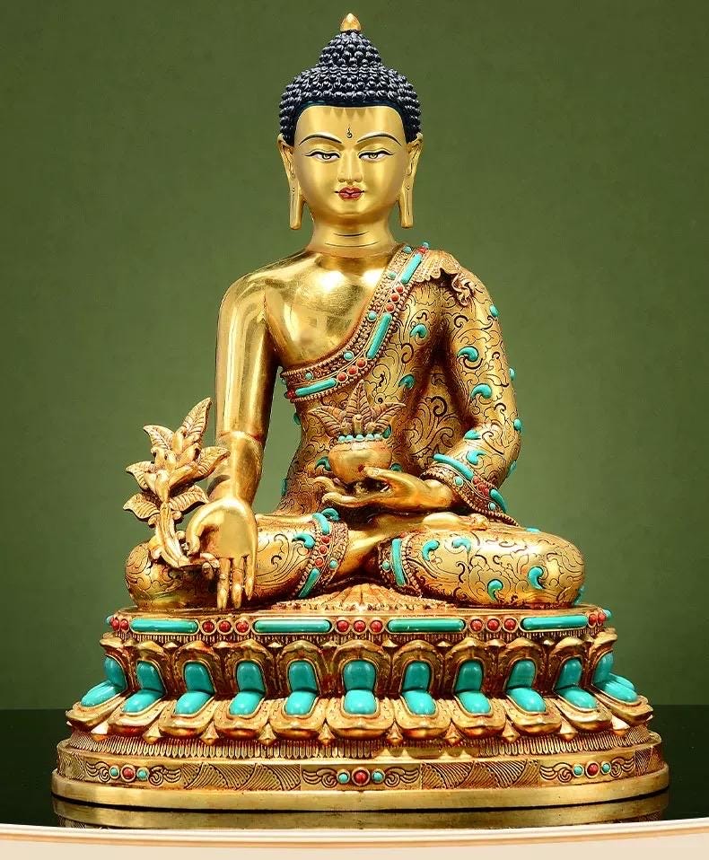 Full Gilded Medicine Buddha Statue | Copper Bhaisajyaguru with Gem Inlay