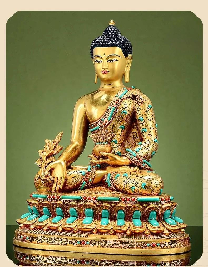 Full Gilded Medicine Buddha Statue | Copper Bhaisajyaguru with Gem Inlay
