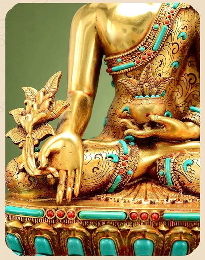 Full Gilded Medicine Buddha Statue | Copper Bhaisajyaguru with Gem Inlay