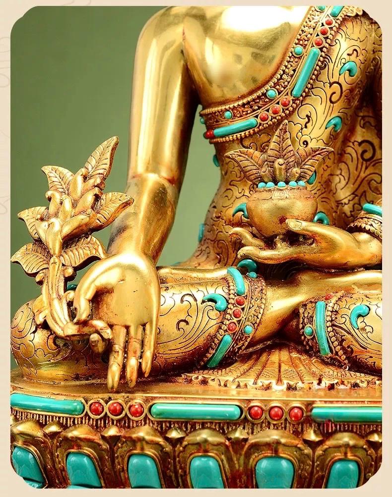 Full Gilded Medicine Buddha Statue | Copper Bhaisajyaguru with Gem Inlay
