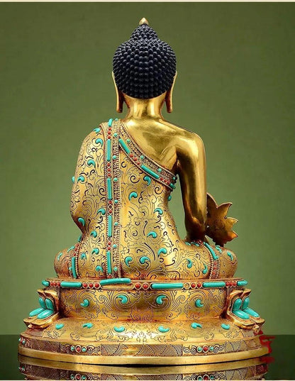Full Gilded Medicine Buddha Statue | Copper Bhaisajyaguru with Gem Inlay