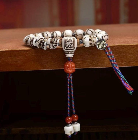 Tibetan Yak Bone Skull Bracelet, Single Strand Mala with Agate Bead