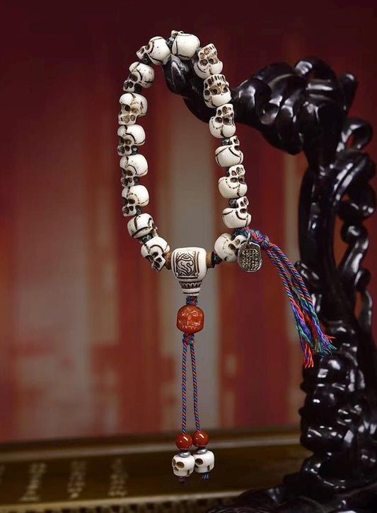 Tibetan Yak Bone Skull Bracelet, Single Strand Mala with Agate Bead