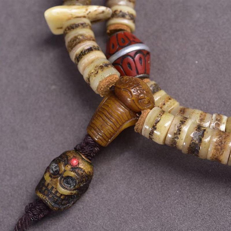 Old Tibetan 108 Yak Bone Mala - Vintage Skull Shape Kapala Prayer Beads for Meditation, Buddhist Rosary with Citipati Accent