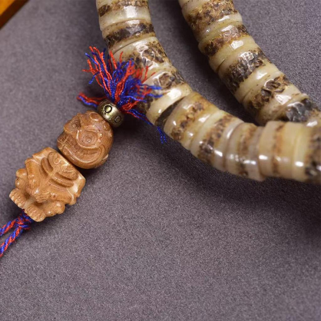Old Tibetan 108 Yak Bone Mala - Vintage Skull Shape Kapala Prayer Beads for Meditation, Buddhist Rosary with Citipati Accent