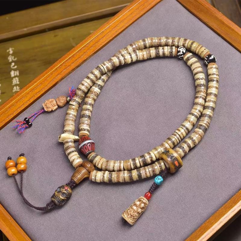 Old Tibetan 108 Yak Bone Mala - Vintage Skull Shape Kapala Prayer Beads for Meditation, Buddhist Rosary with Citipati Accent