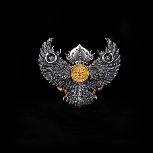 Handcrafted Garuda Pendant for Men - Solid S925 Sterling Silver Tibetan Buddhist Necklace, Heavy Detailed Chakra Amulet, Vintage Ethnic Jewe