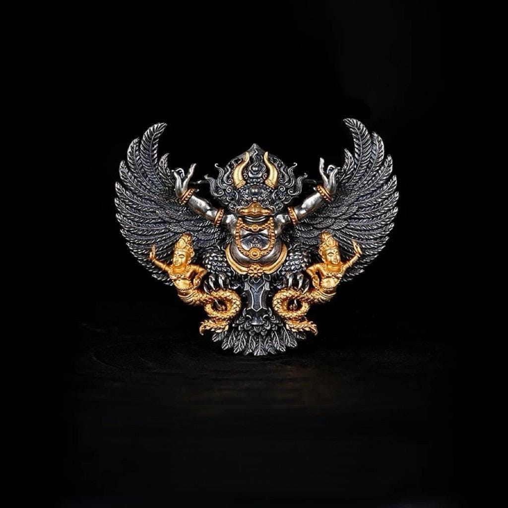 Handcrafted Garuda Pendant for Men - Solid S925 Sterling Silver Tibetan Buddhist Necklace, Heavy Detailed Chakra Amulet, Vintage Ethnic Jewe