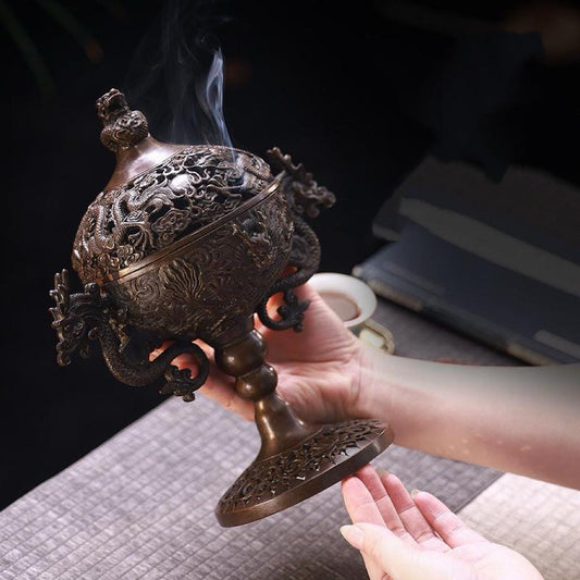 Chinese Bronze Incense Burner for Coil and Stick Incense, Antique Home Sanctuary Decor