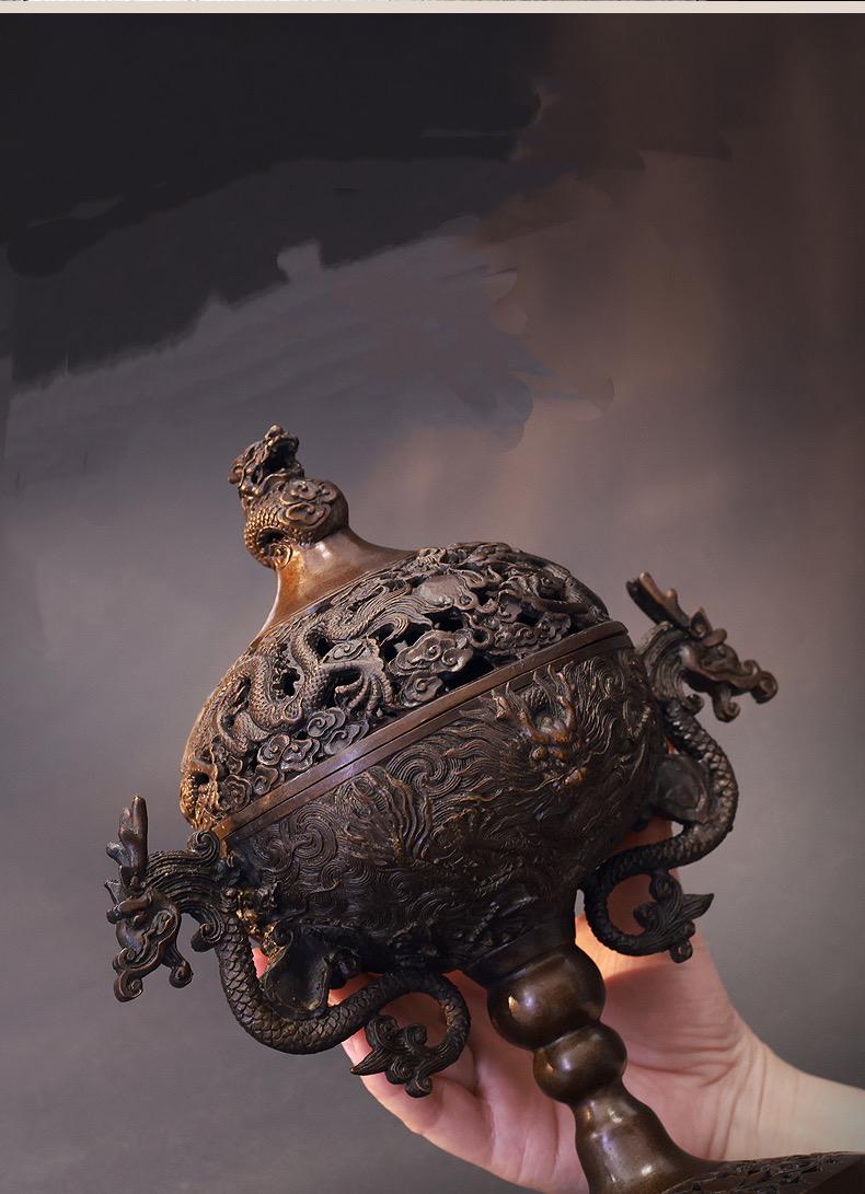 Chinese Bronze Incense Burner for Coil and Stick Incense, Antique Home Sanctuary Decor