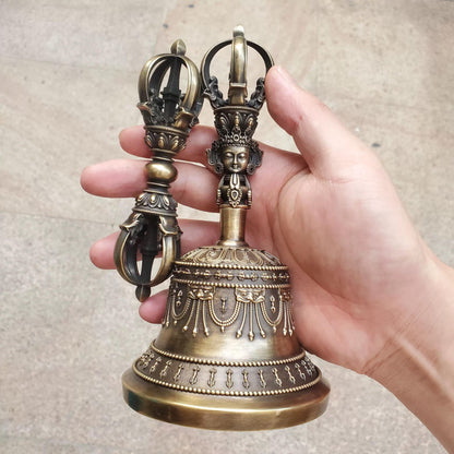 Brass Tibetan Vajra Bell & Dorje Set – Nepalese Handcrafted 5-Prong Ritual Bell
