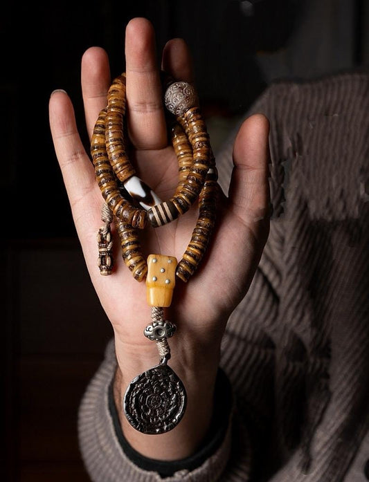 108 Beads Old Material Tibetan Yak Bone Mala Bracelet, Prayer Beads Necklace, Cardiger Handmade Antique Replica Gagu Linggu, Buddhist Gift
