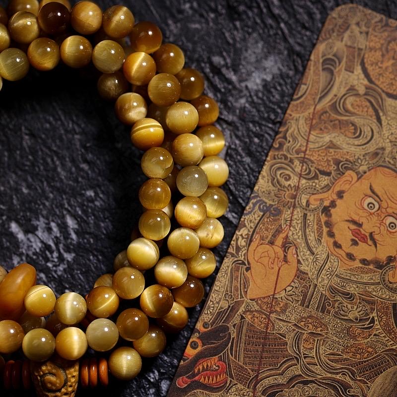 Original Tibetan Style 108 Strand Natural Golden Tiger's Eye Buddha Beads Bracelet Necklace, Unisex Adjustable Mala for Men Women