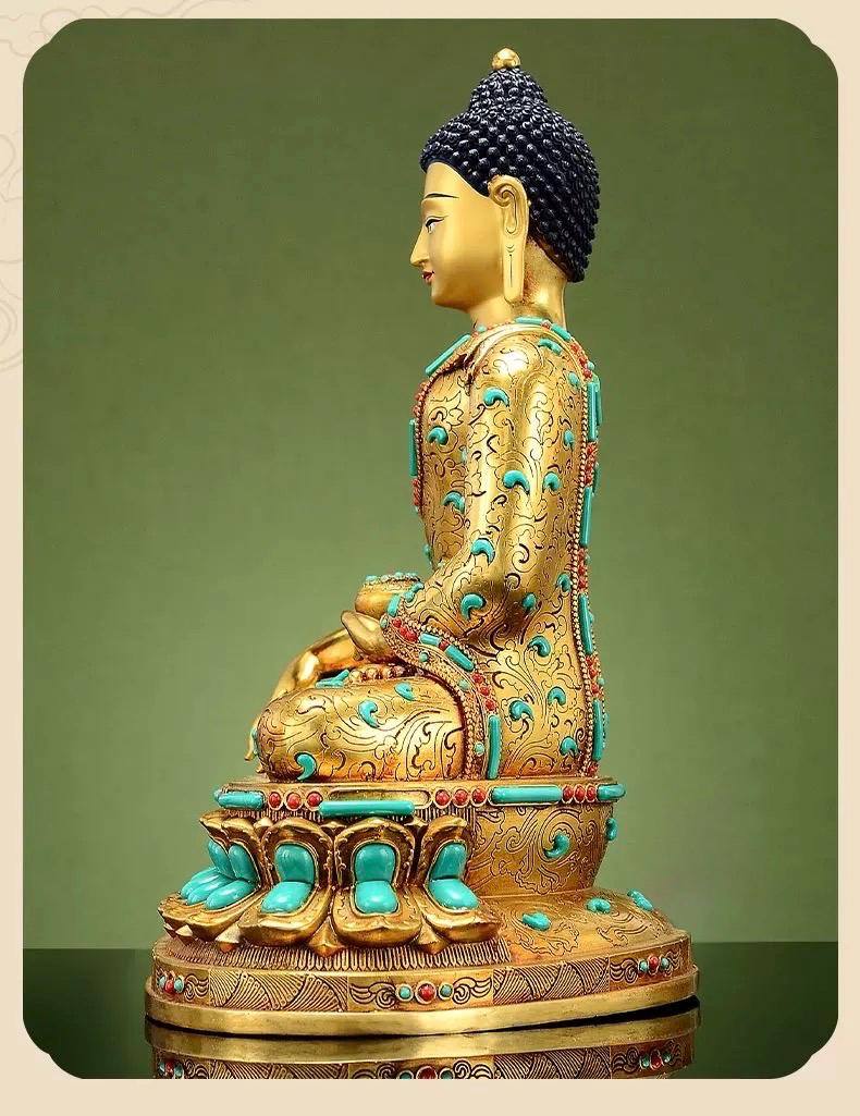 Full Gold-Plated Shakyamuni Buddha Statue with Tibetan Bead Inlays | Handmade Copper Buddhist Statue