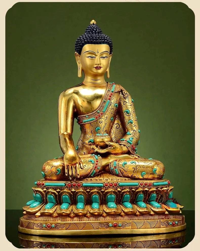 Full Gold-Plated Shakyamuni Buddha Statue with Tibetan Bead Inlays | Handmade Copper Buddhist Statue