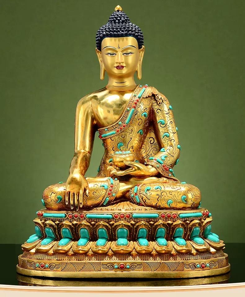 Full Gold-Plated Shakyamuni Buddha Statue with Tibetan Bead Inlays | Handmade Copper Buddhist Statue