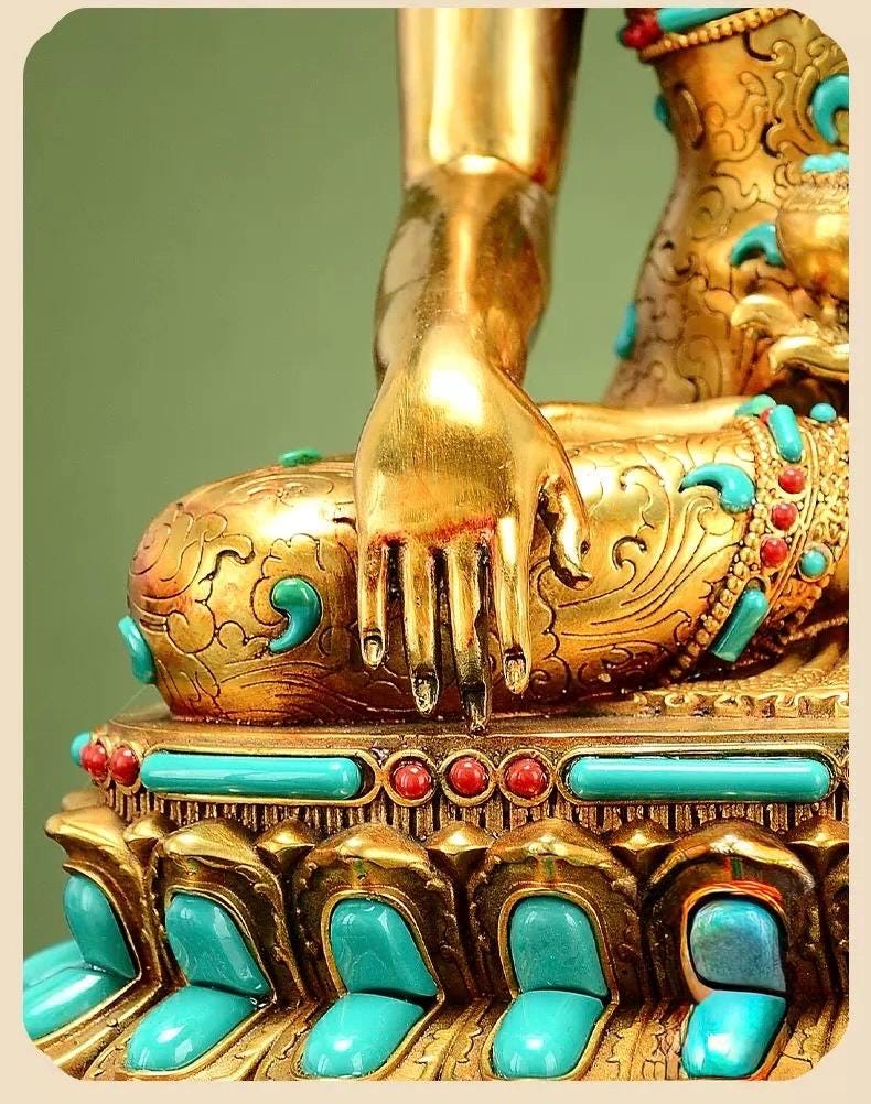 Full Gold-Plated Shakyamuni Buddha Statue with Tibetan Bead Inlays | Handmade Copper Buddhist Statue