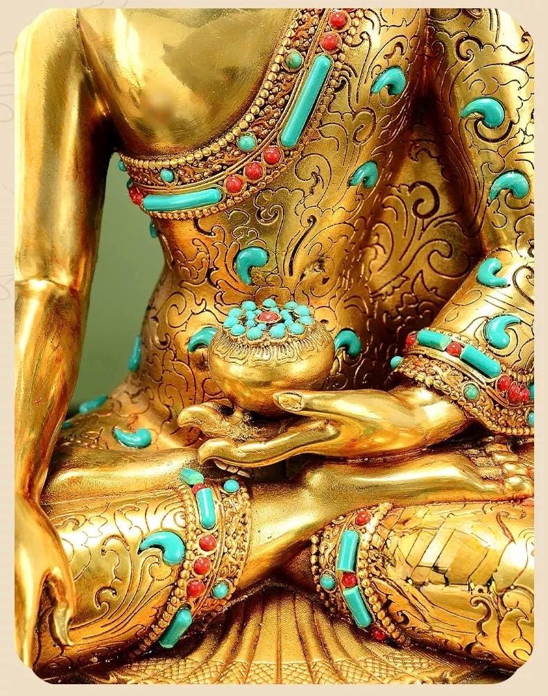 Full Gold-Plated Shakyamuni Buddha Statue with Tibetan Bead Inlays | Handmade Copper Buddhist Statue