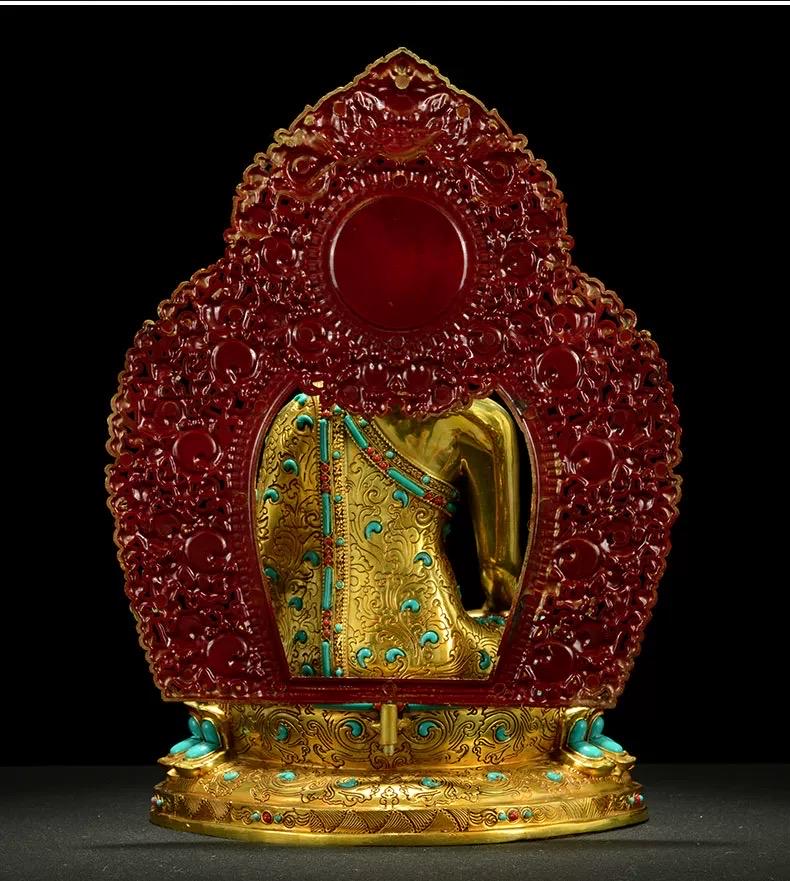 Full Gold-Plated Shakyamuni Buddha Statue with Tibetan Bead Inlays | Handmade Copper Buddhist Statue