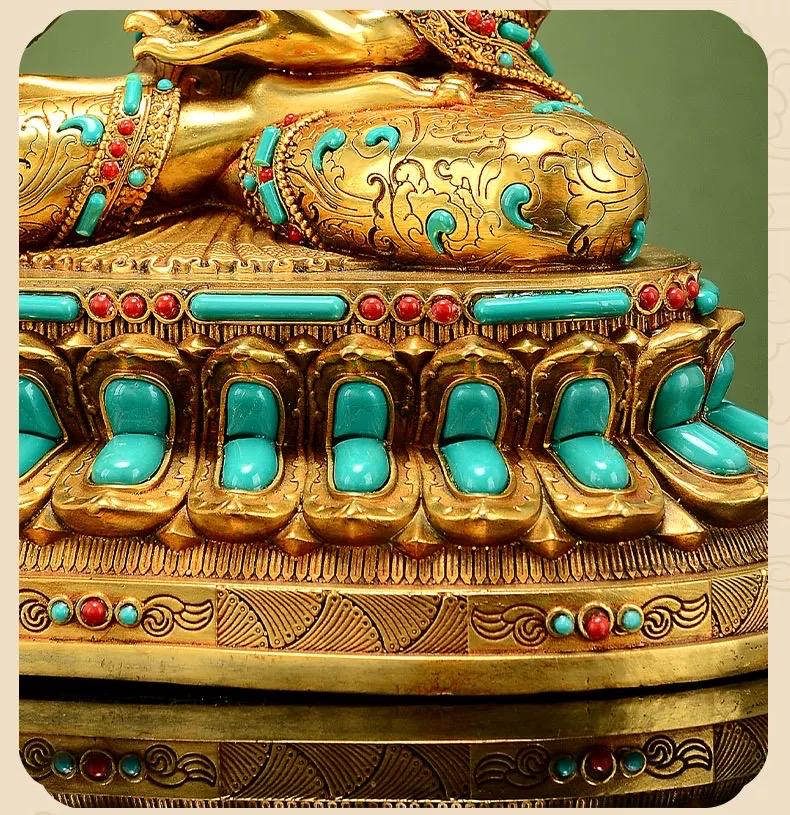 Full Gold-Plated Shakyamuni Buddha Statue with Tibetan Bead Inlays | Handmade Copper Buddhist Statue