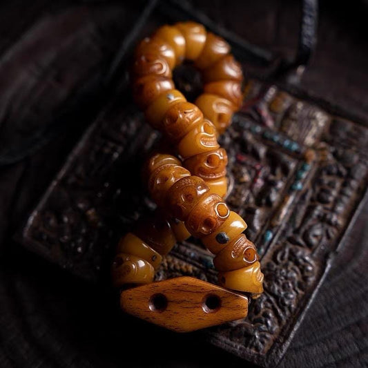 Handcrafted Tibetan Yak Bone Bracelet - Original Design Citipati Skull Mala - Hand-Cut Yak Bone Beads - Himalayan Prayer Beads for Meditatio