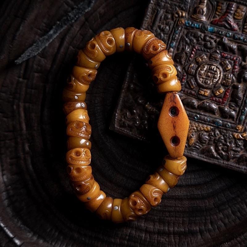 Handcrafted Tibetan Yak Bone Bracelet - Original Design Citipati Skull Mala - Hand-Cut Yak Bone Beads - Himalayan Prayer Beads for Meditatio