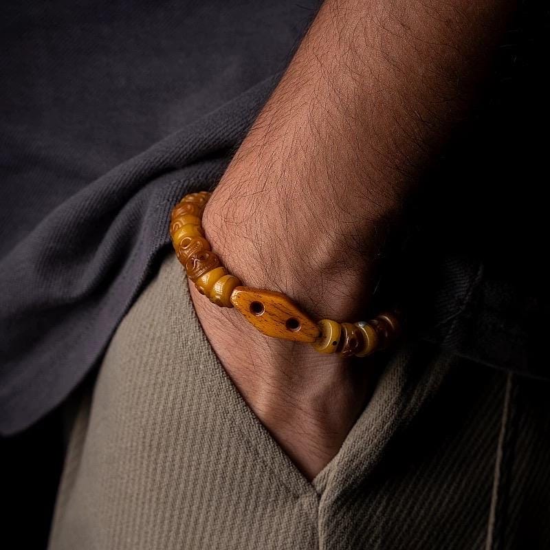 Handcrafted Tibetan Yak Bone Bracelet - Original Design Citipati Skull Mala - Hand-Cut Yak Bone Beads - Himalayan Prayer Beads for Meditatio