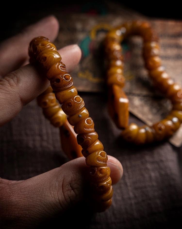 Handcrafted Tibetan Yak Bone Bracelet - Original Design Citipati Skull Mala - Hand-Cut Yak Bone Beads - Himalayan Prayer Beads for Meditatio
