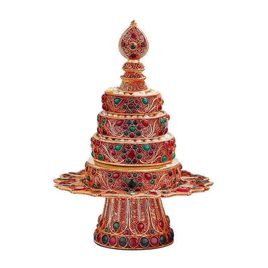 Nepali Handmade Silver Plated Filigree Mandala Plate, 10cm Inlaid Gemstones Buddhist Altar Offering, Tibetan Ritual Item