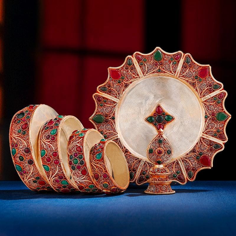 Nepali Handmade Silver Plated Filigree Mandala Plate, 10cm Inlaid Gemstones Buddhist Altar Offering, Tibetan Ritual Item