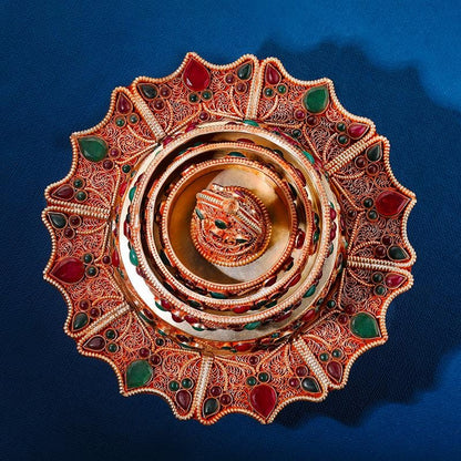 Nepali Handmade Silver Plated Filigree Mandala Plate, 10cm Inlaid Gemstones Buddhist Altar Offering, Tibetan Ritual Item