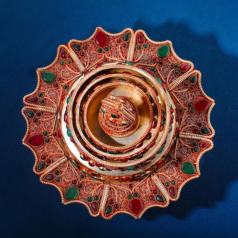 Nepali Handmade Silver Plated Filigree Mandala Plate, 10cm Inlaid Gemstones Buddhist Altar Offering, Tibetan Ritual Item