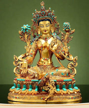 Full Gilded Green Tara Statue | Copper Buddhist Deity with Gem Inlay