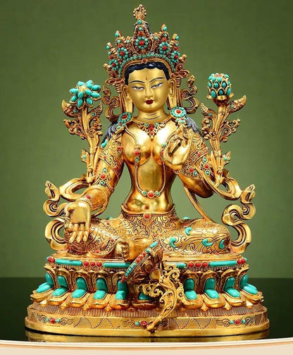 Full Gilded Green Tara Statue | Copper Buddhist Deity with Gem Inlay