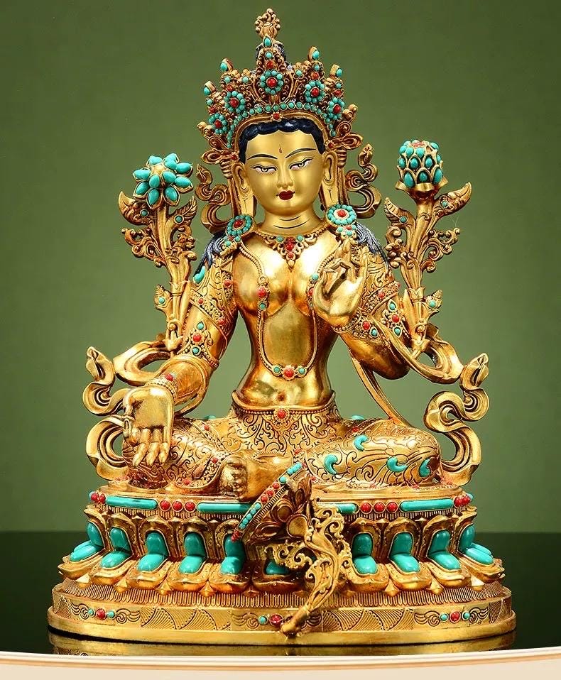 Full Gilded Green Tara Statue | Copper Buddhist Deity with Gem Inlay