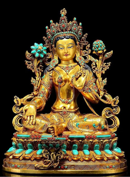 Full Gilded Green Tara Statue | Copper Buddhist Deity with Gem Inlay